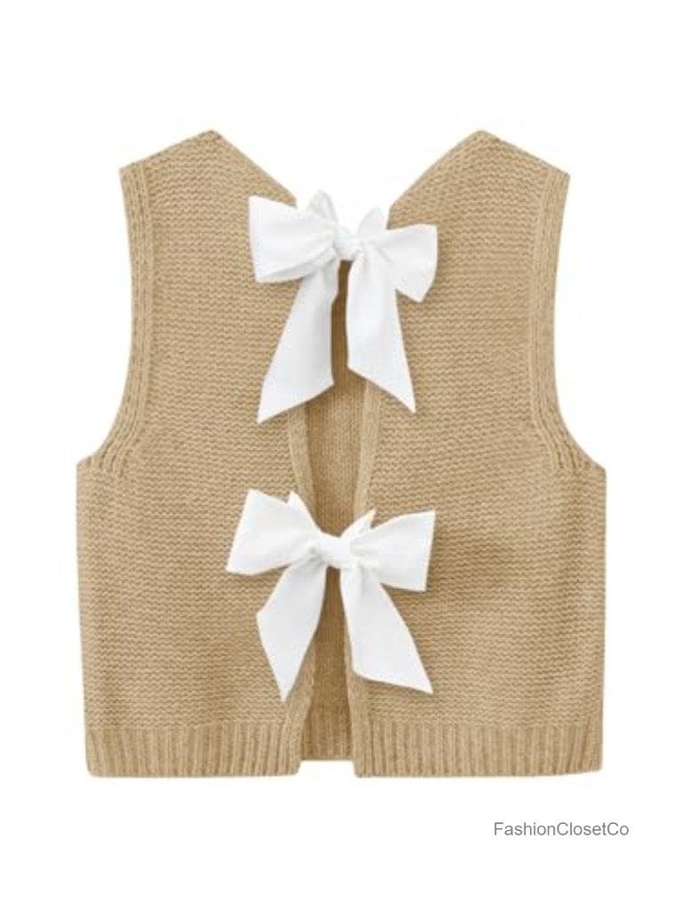 Bow Tie Back Sleeveless Knit Crop Sweater Vest Tank Top